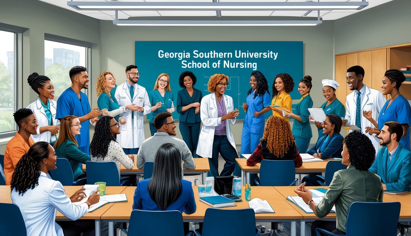 A group of students and faculty gather in a modern classroom at Georgia Southern University School of Nursing, engaged in lively discussion and hands-on learning