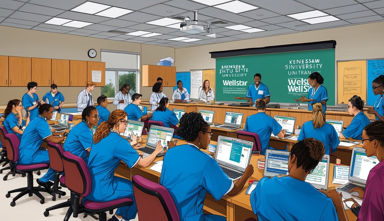 A bustling classroom at Kennesaw State University WellStar School of Nursing, with students engaged in hands-on learning and discussion