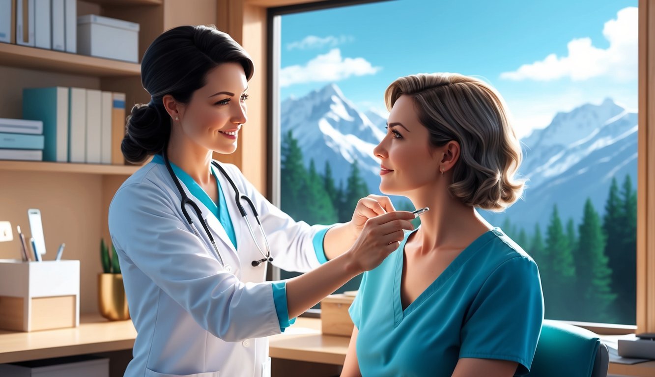 A nurse practitioner examining a patient in a cozy office with a view of the mountains outside