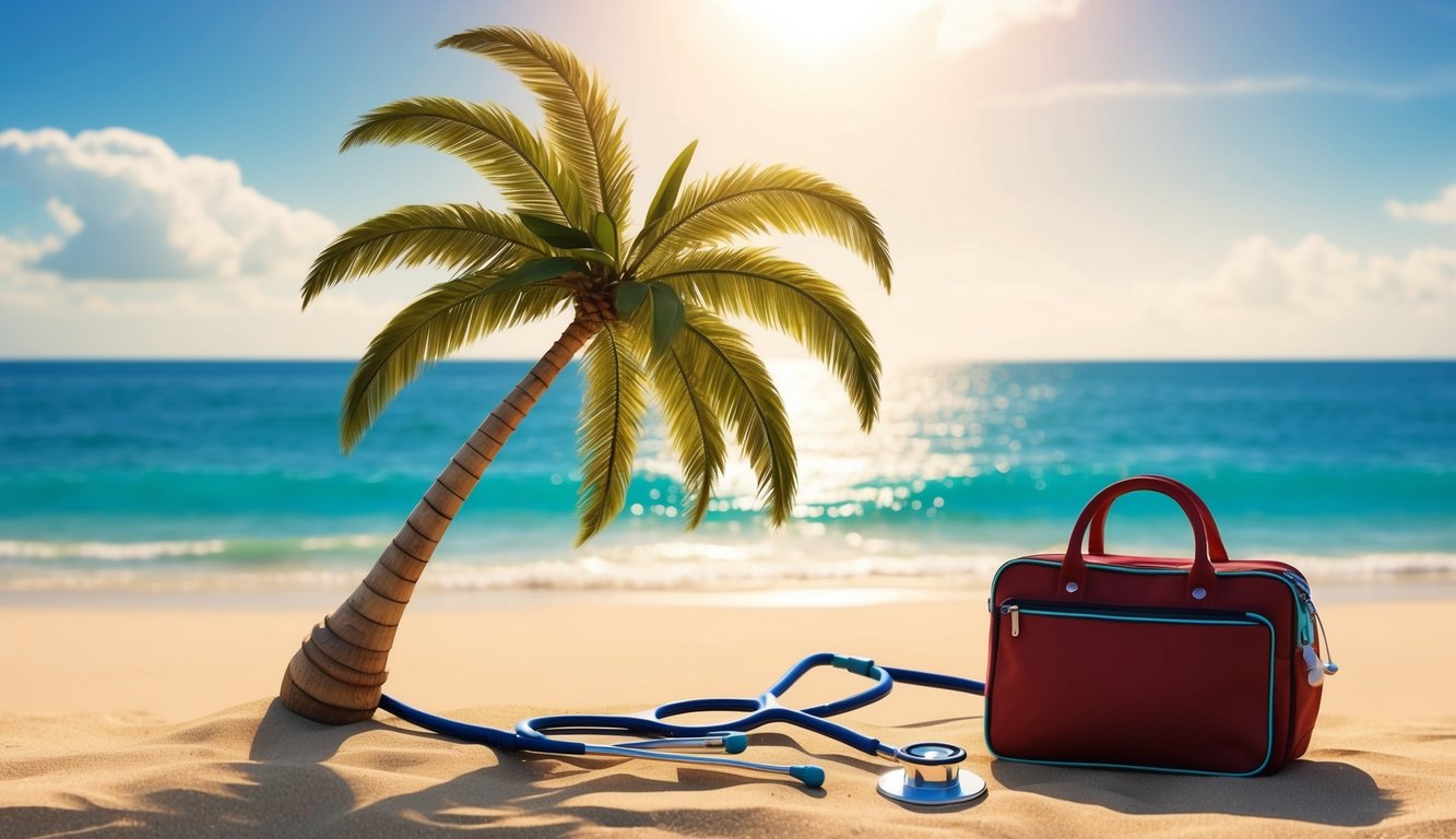 A sunny beach with a palm tree, stethoscope, and medical bag