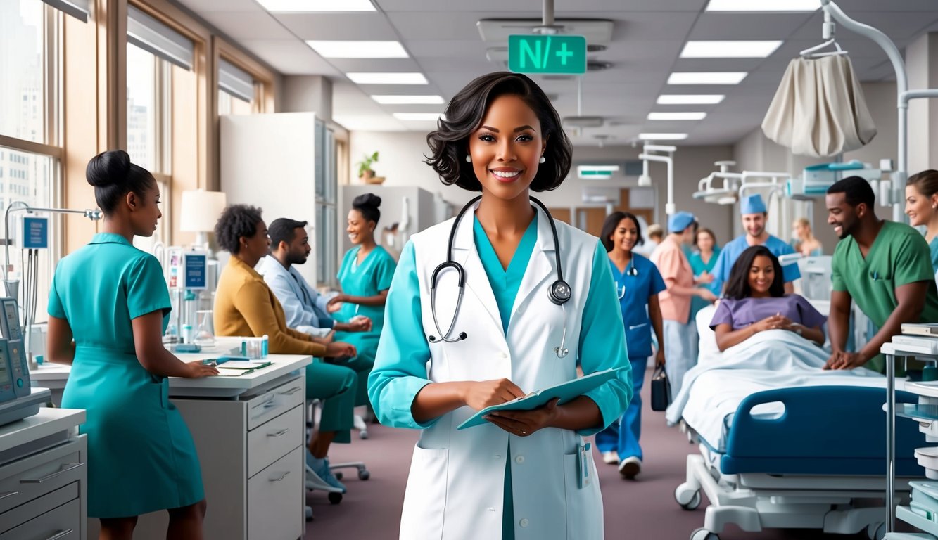 A nurse practitioner in a bustling New York clinic, surrounded by medical equipment and busy patients