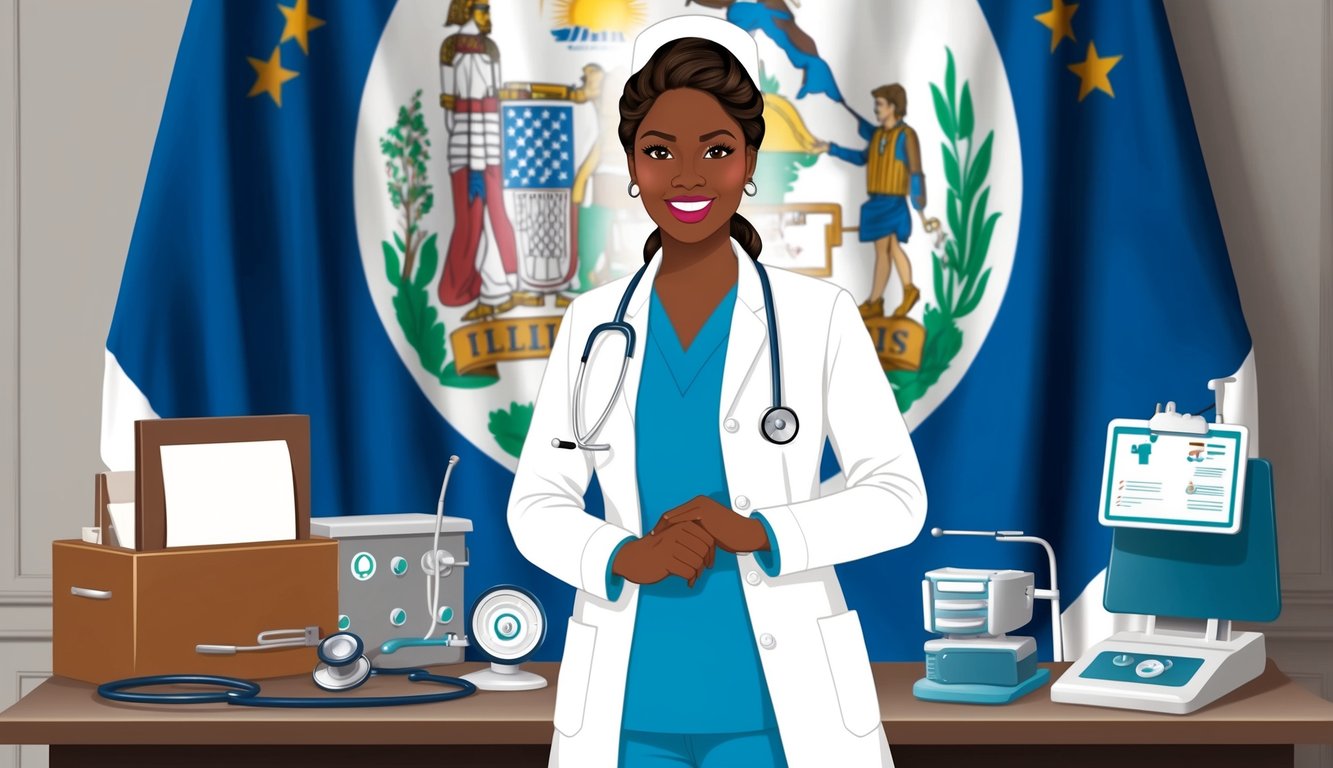 A nurse practitioner in a white coat stands confidently in front of the Illinois state flag, surrounded by medical equipment and a stethoscope