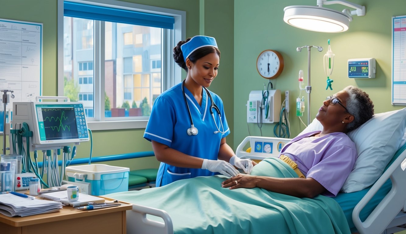 A nurse practitioner caring for patients in a Massachusetts hospital, surrounded by medical equipment and charts