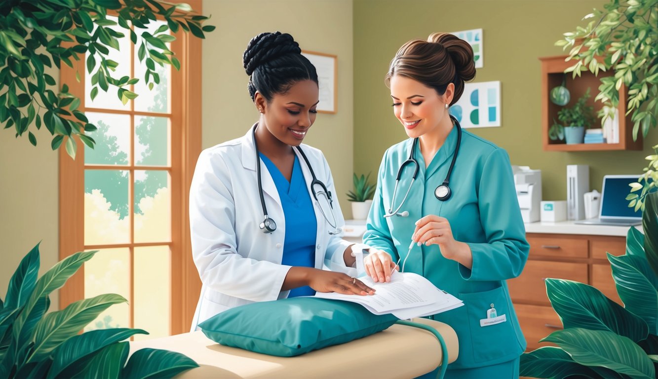 A nurse practitioner providing care in a serene North Carolina clinic, surrounded by lush greenery and a warm, welcoming atmosphere