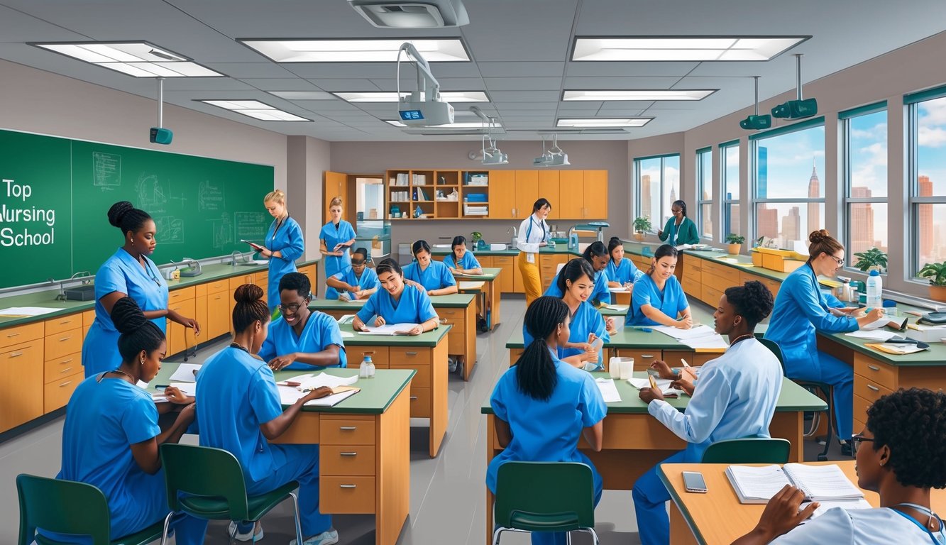 A bustling classroom in a top nursing school in New York, with students engaged in hands-on learning and instructors guiding them through practical exercises