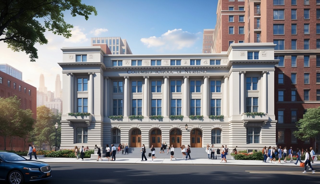 The iconic facade of Columbia University School of Nursing in New York City, with its grand architecture and bustling student activity