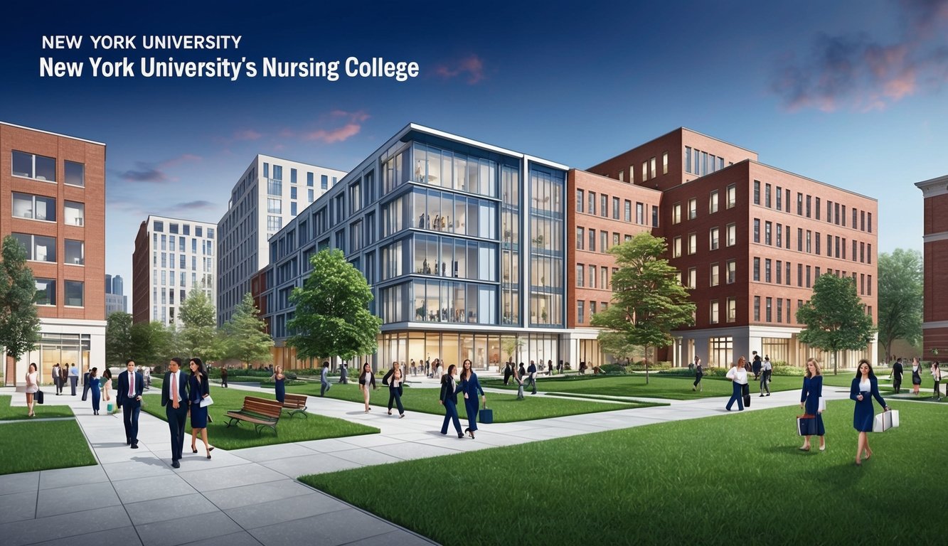 A bustling campus at New York University's nursing college, with students and faculty moving between modern buildings and green spaces