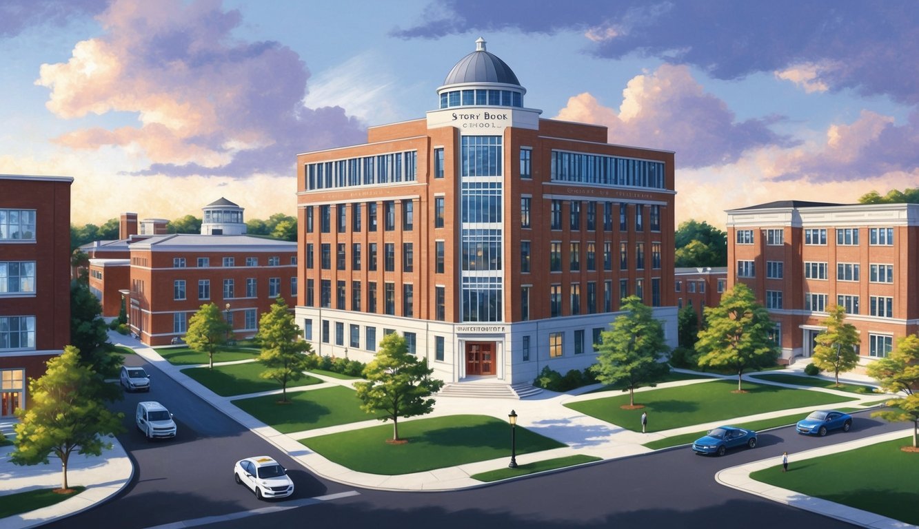 A bustling campus scene with the Stony Brook University School of Nursing building standing tall among other academic buildings