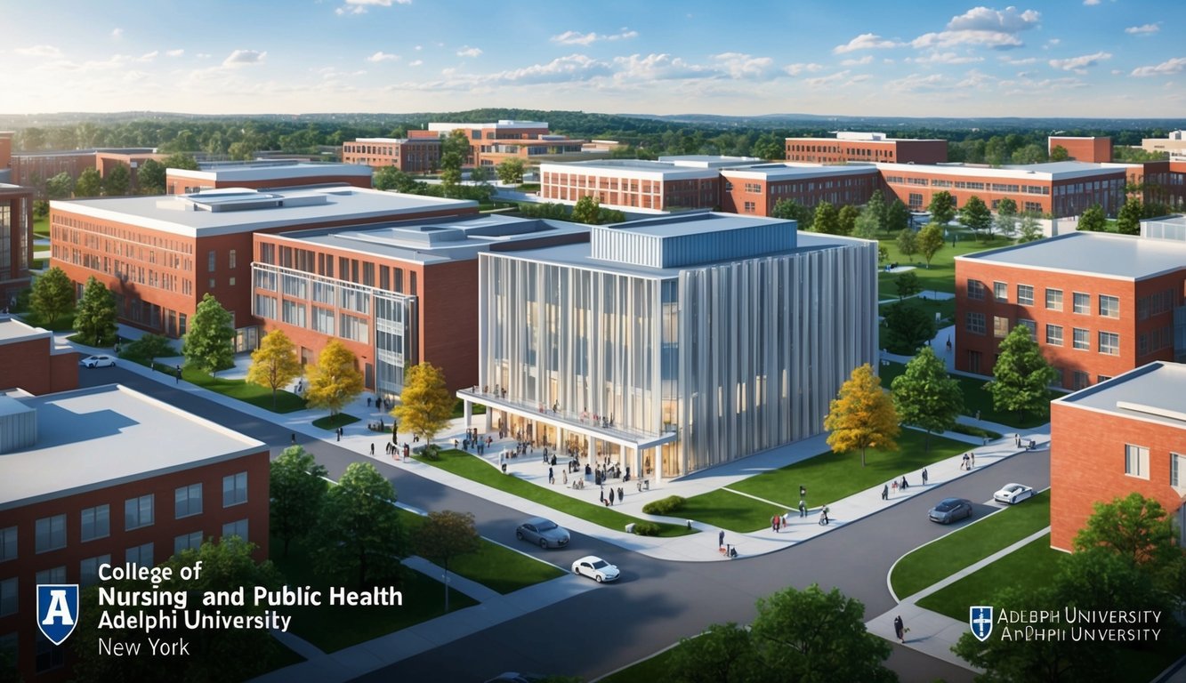 A bustling campus with modern buildings and green spaces, featuring the College of Nursing and Public Health at Adelphi University in New York