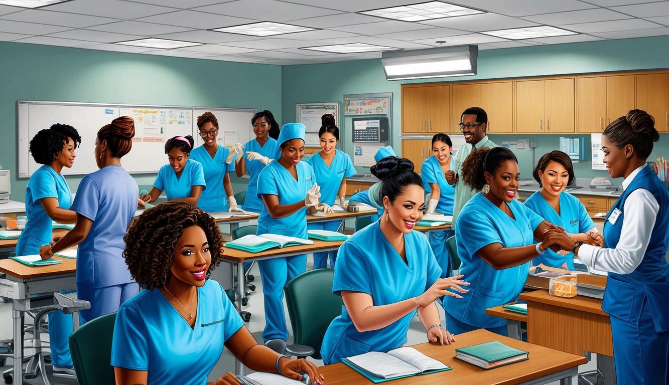 A bustling classroom at CUNY Lehman College, filled with nursing students engaged in hands-on training and learning from experienced instructors