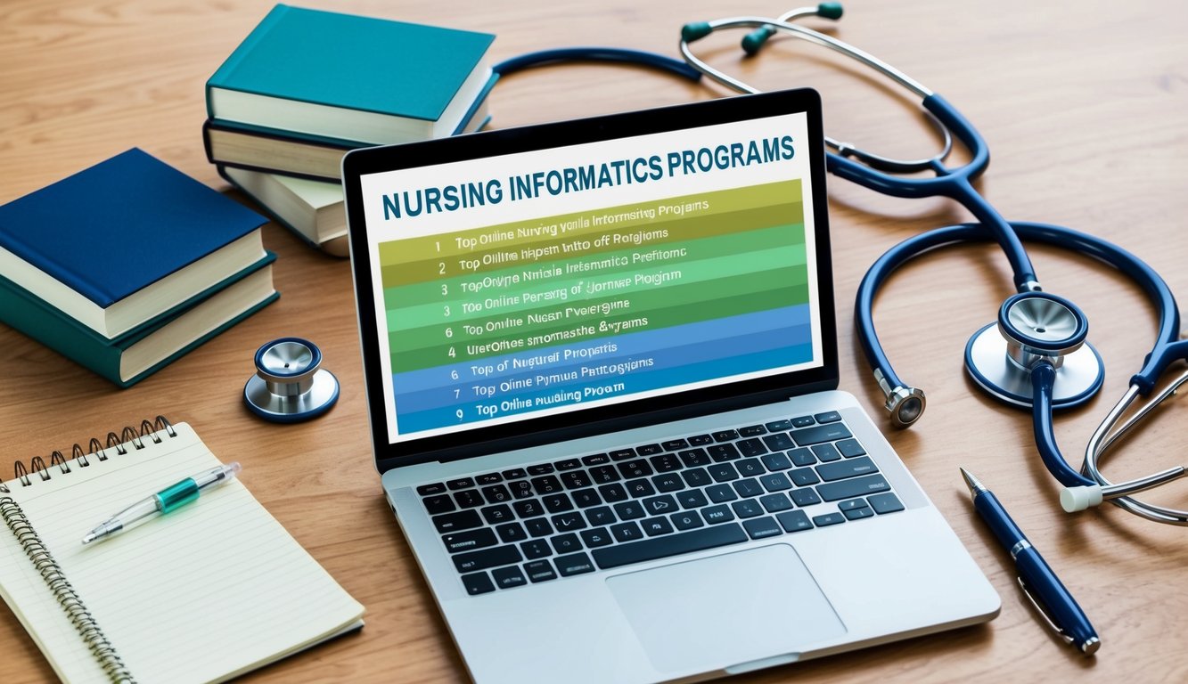 A laptop displaying a list of top online nursing informatics programs, surrounded by a stethoscope, medical books, and a notepad with a pen