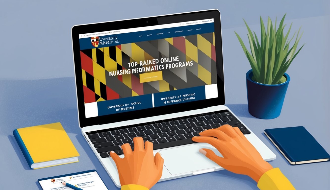 A laptop displaying the University of Maryland School of Nursing website with a focus on their top-ranked online nursing informatics programs