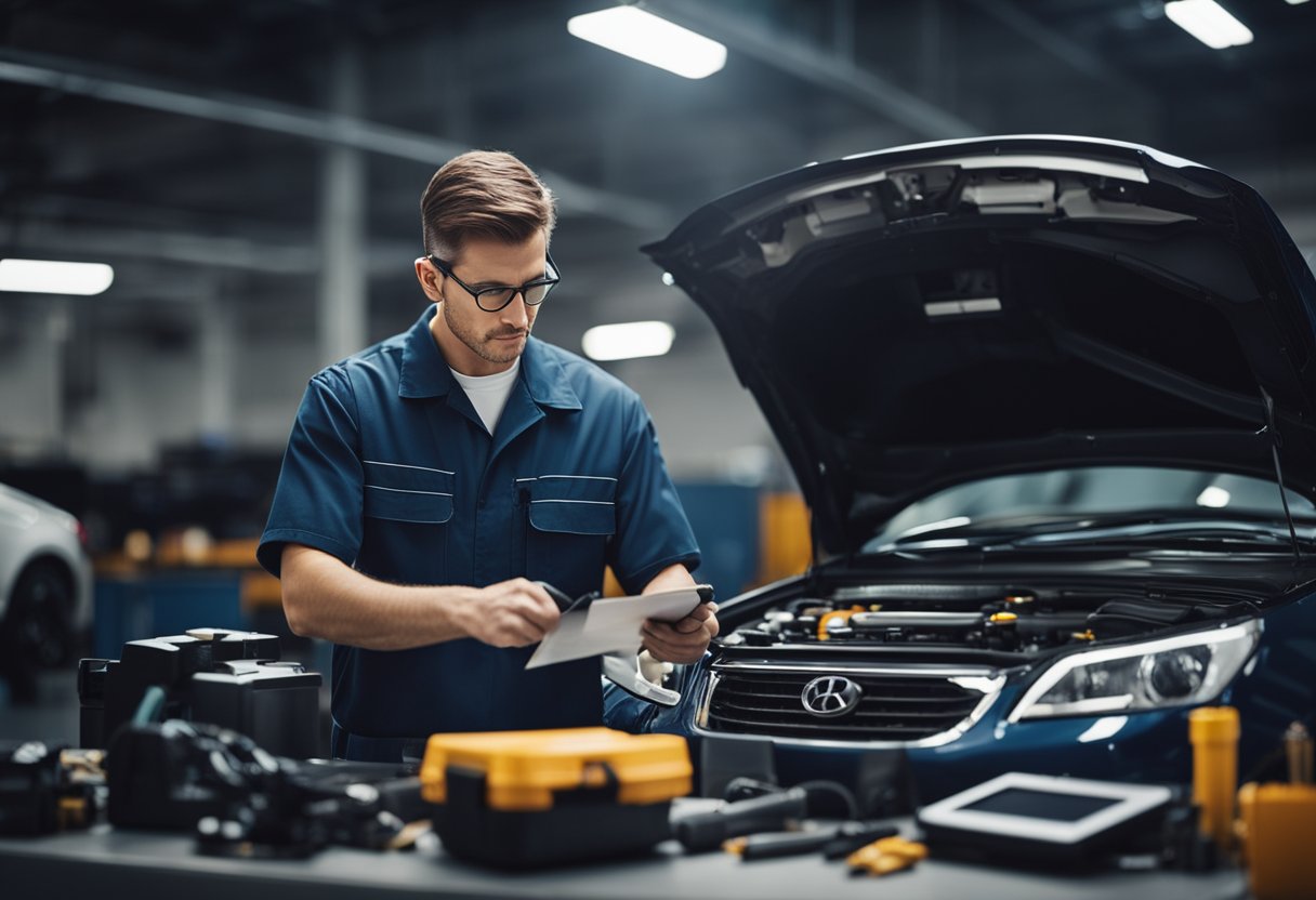 A mechanic using a diagnostic scanner on a car's engine, with various tools and equipment scattered around the workbench