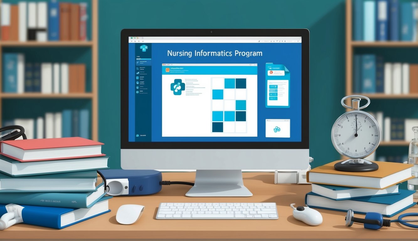 A computer with a nursing informatics program on the screen, surrounded by books and medical equipment