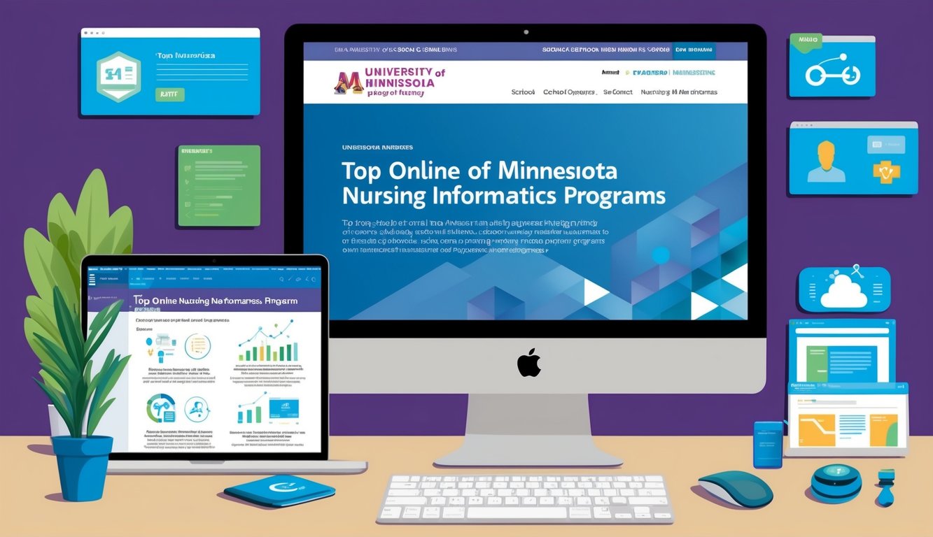 A computer screen displaying the University of Minnesota School of Nursing's top online nursing informatics programs, with various digital resources and tools visible