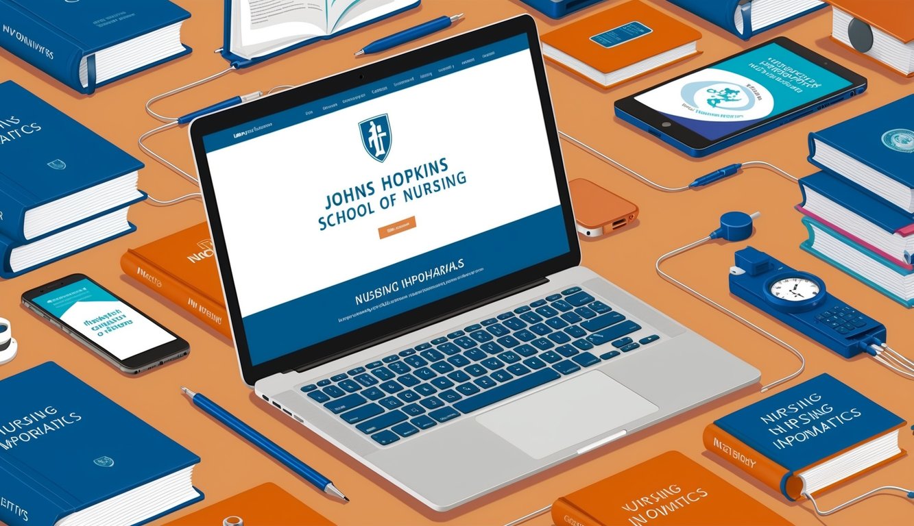 A laptop displaying the Johns Hopkins School of Nursing website, surrounded by various electronic devices and textbooks on nursing informatics