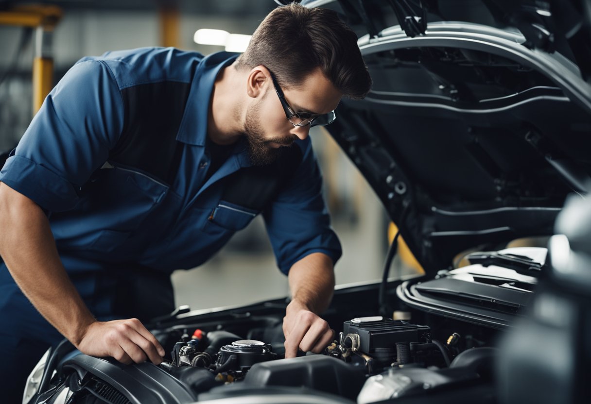 A mechanic using diagnostic tools to inspect the engine of a car