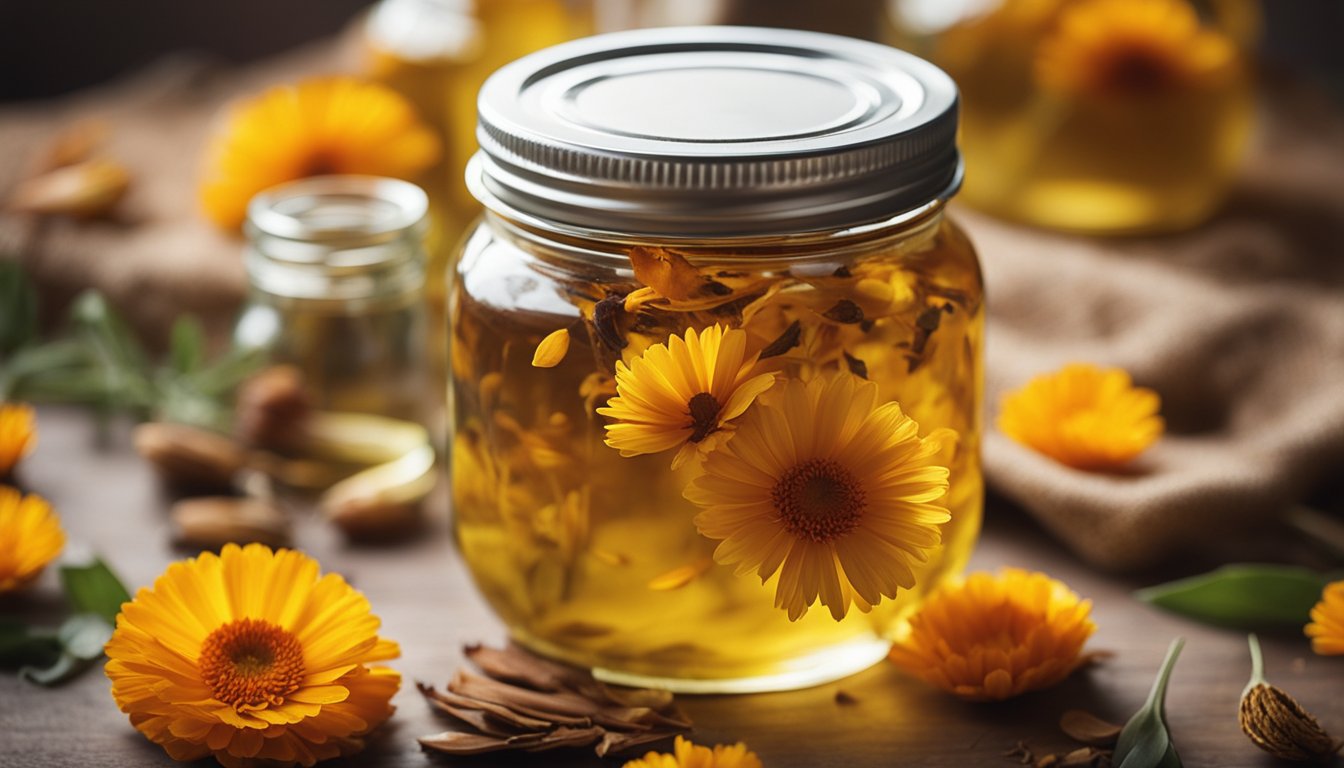 A mason jar filled with calendula-infused oil, surrounded by dried petals and carrier oils, creating an earthy, apothecary-style composition