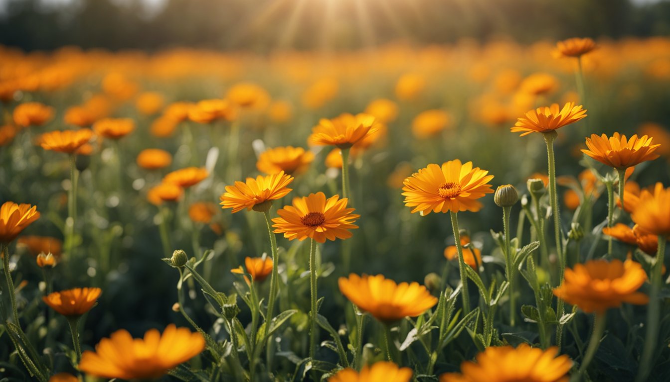 A perfect calendula bloom, with deep orange to light golden petals, glistens with morning dew under soft natural light