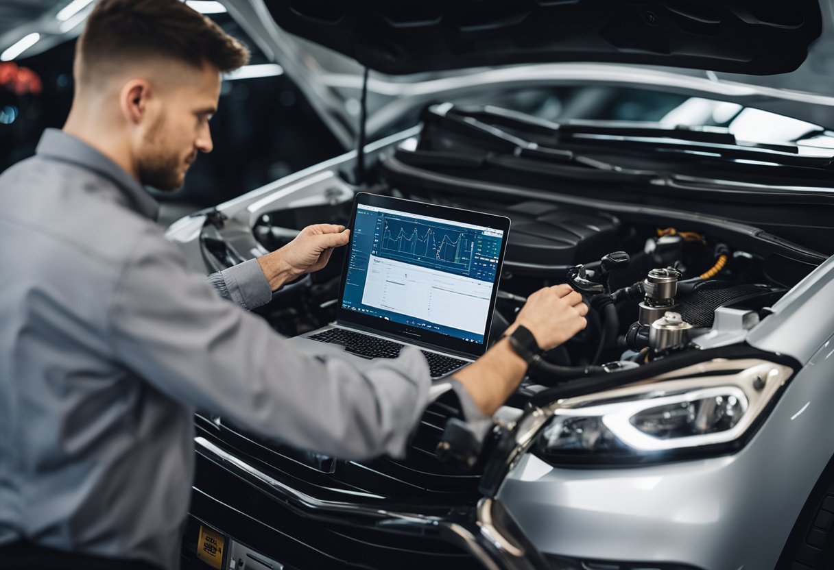 A mechanic diagnosing a car's turbocharger bypass valve with a diagnostic tool and a laptop connected to the vehicle's onboard computer