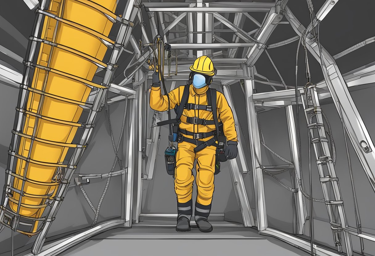 A confined space with safety harnesses, lanyards, and anchor points. Ladder, tripod, and ventilation equipment also present