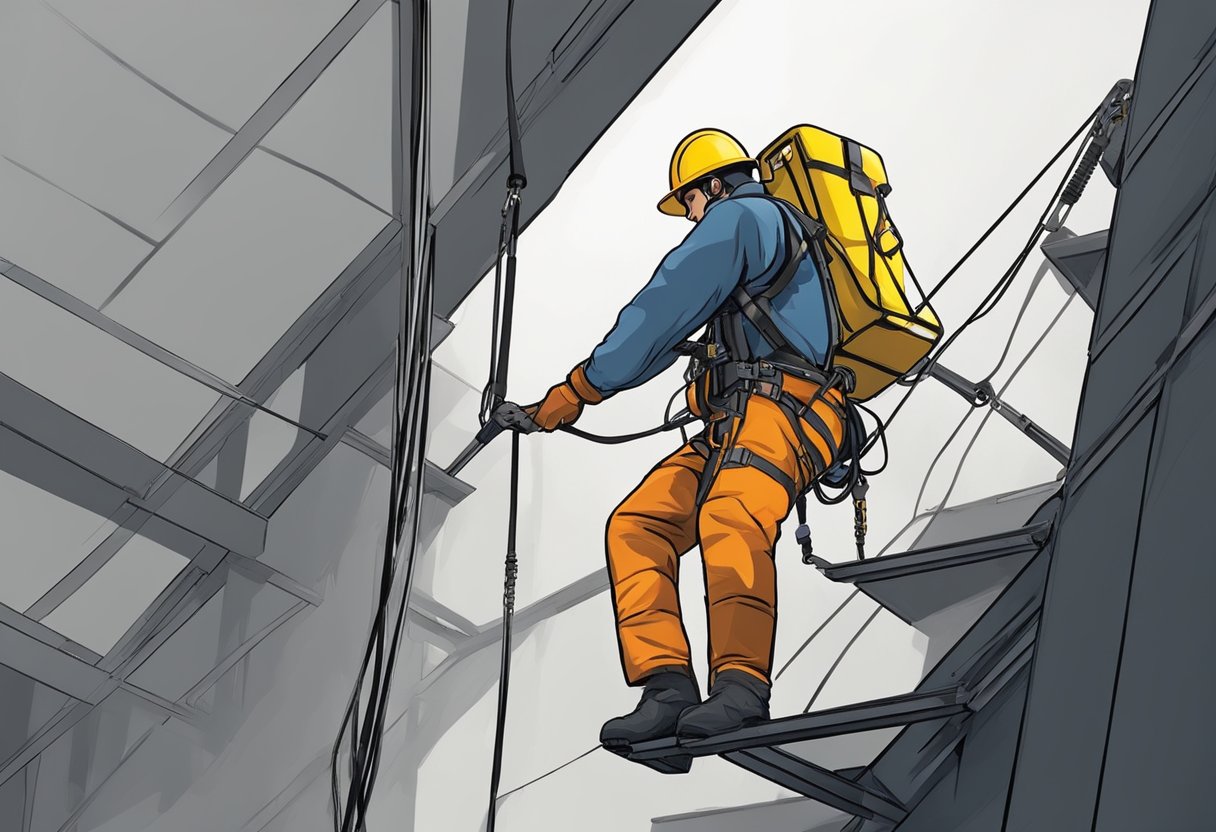 A worker in a full-body harness and lanyard descends into a narrow, dark, and enclosed space using a tripod and winch system for fall protection