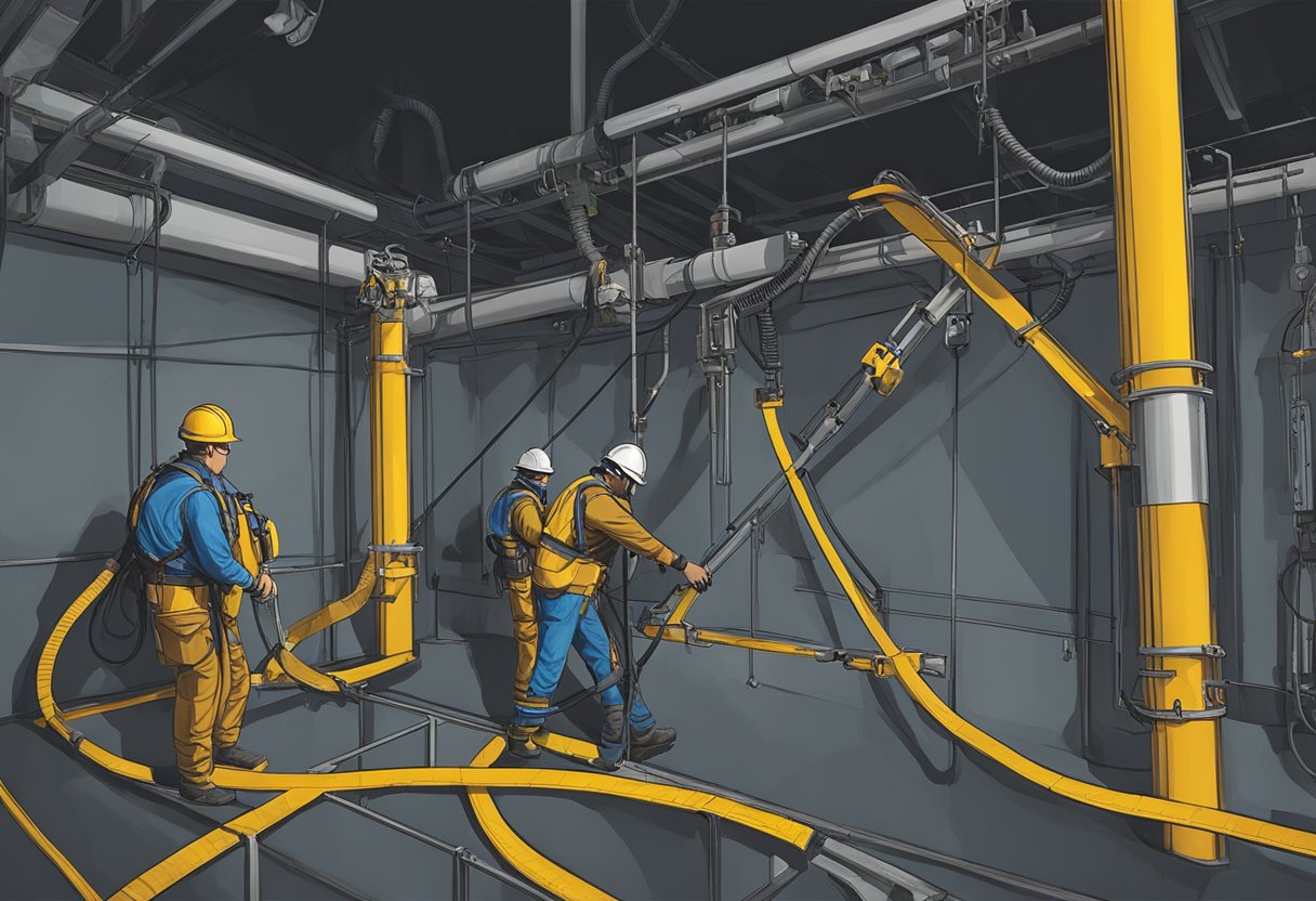 A worker in a harness and lifeline descends into a dark, narrow space while another stands by with a gas monitor and retrieval system