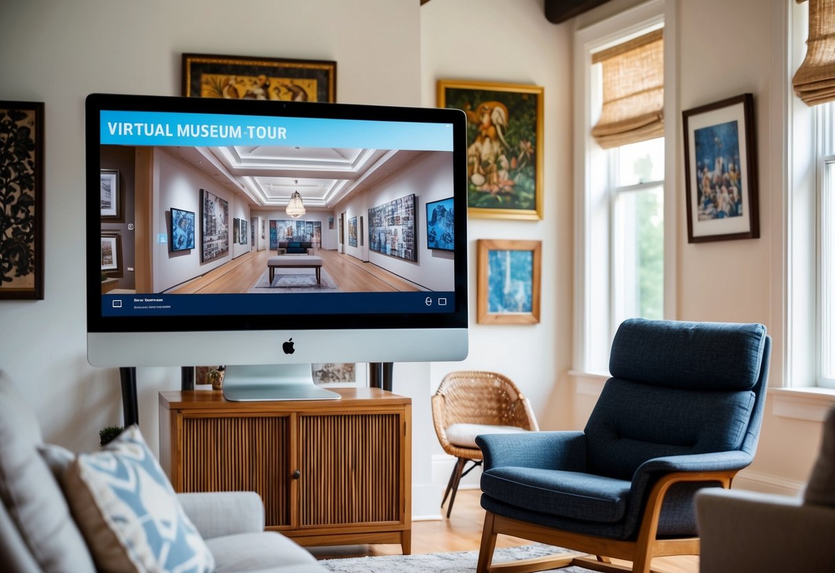 A cozy living room with a large computer screen displaying a virtual museum tour. Artwork adorns the walls, and a comfortable chair invites the viewer to immerse themselves in the art