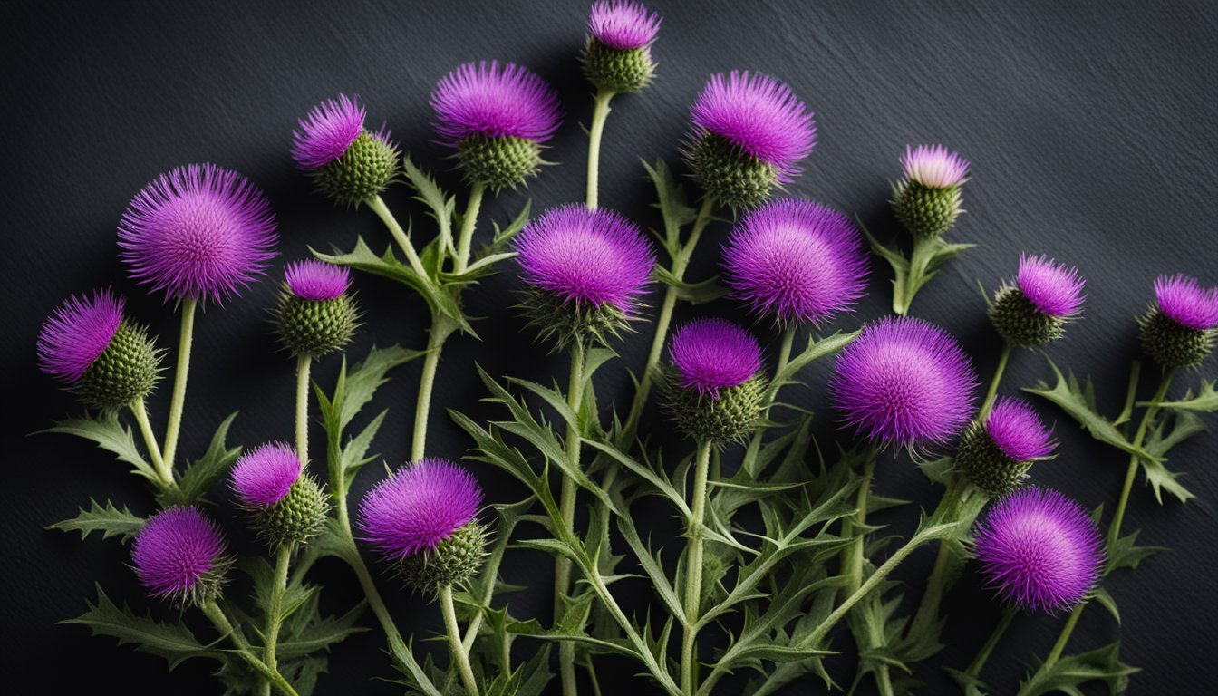 Milk Thistle and other herbs arranged on black slate, highlighted by natural light, showcasing their unique textures