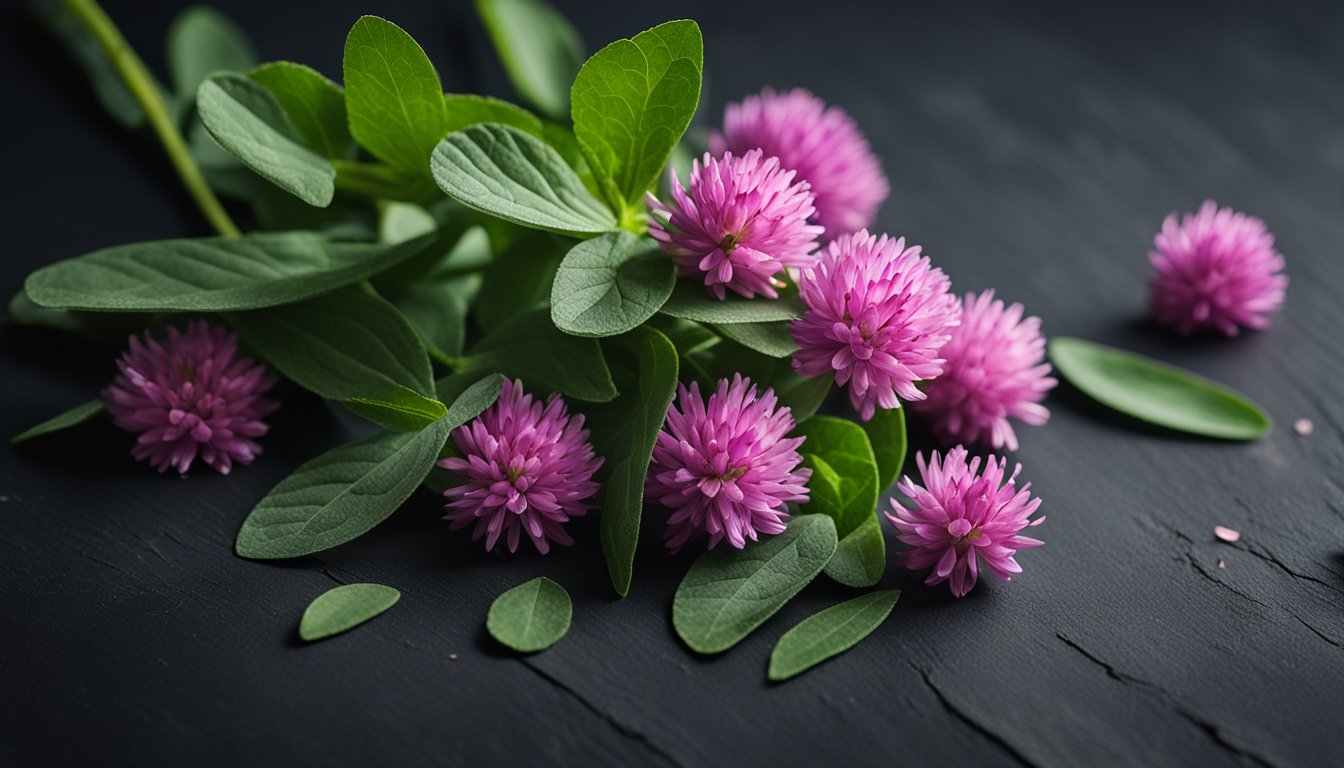 Red Clover and other herbs arranged on black slate table with natural light highlighting textures