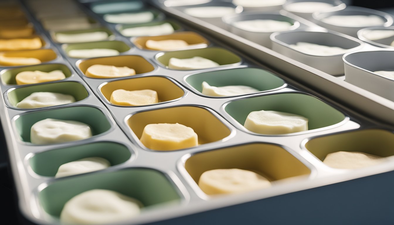 A tray displays freeze-dried yogurt variations in an ombre pattern on a clean white surface, with morning light casting subtle shadows