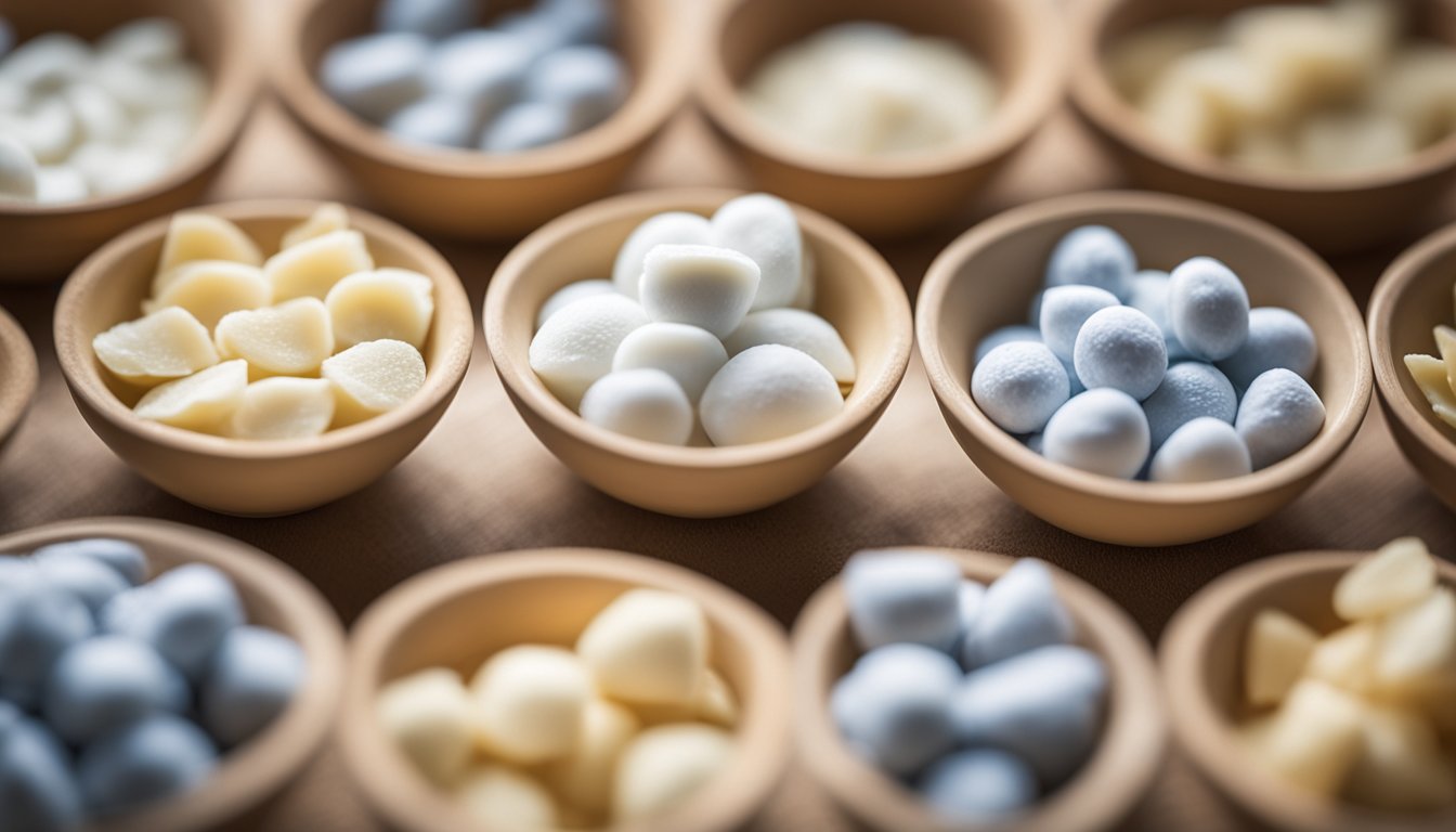 Delicate freeze-dried yogurt arranged in diagonal rows, captured in soft natural lighting with a neutral, blurred background, creating a repeating pattern in little cups