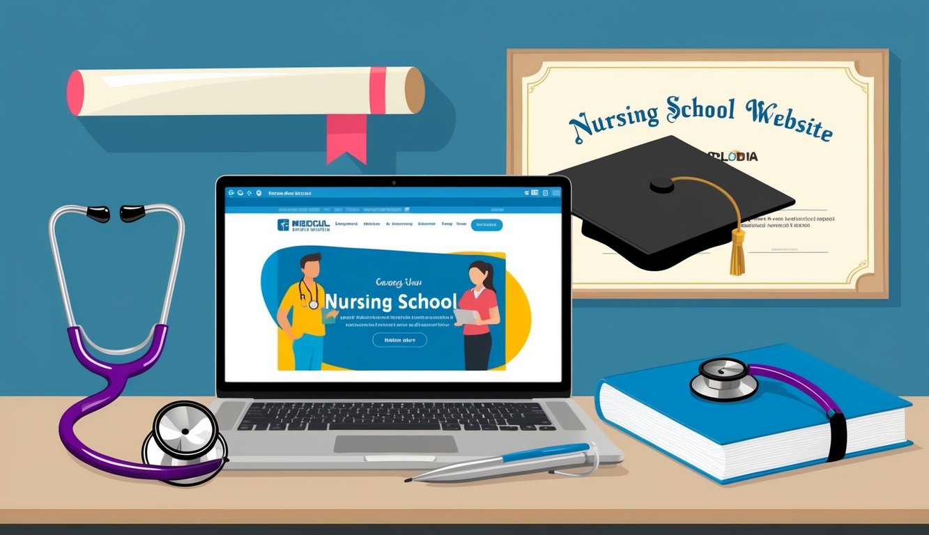 A stethoscope and medical textbook sit on a desk beside a laptop displaying a nursing school website.</p><p>A diploma hangs on the wall