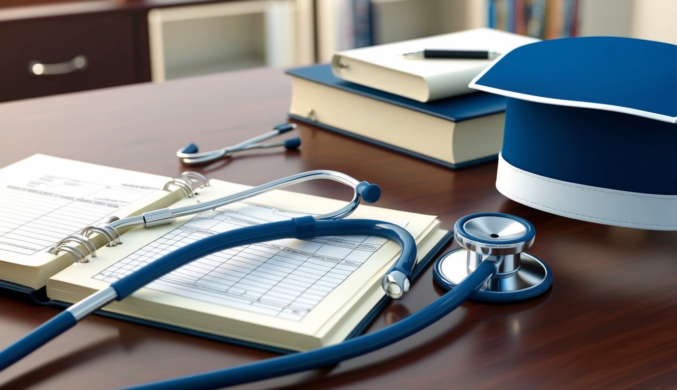 A stethoscope, medical charts, and a nursing cap on a desk, with a diploma and textbooks in the background