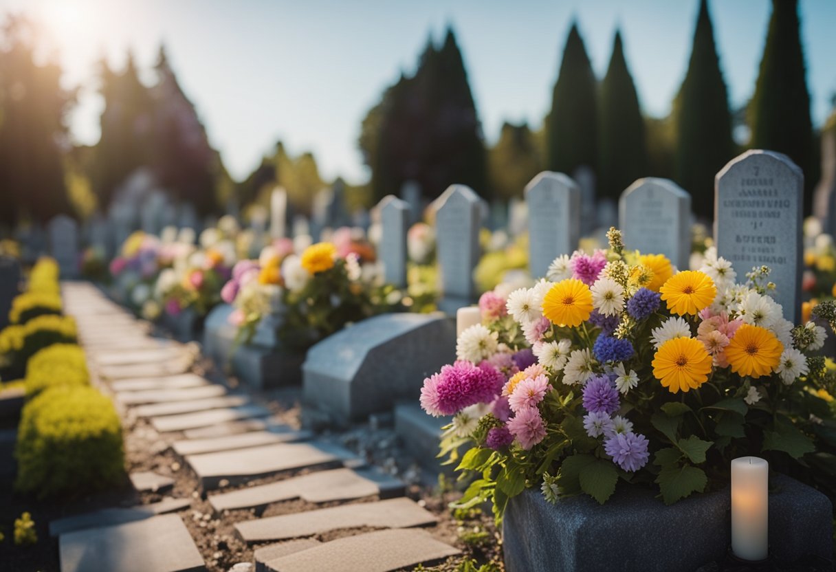 Um cemitério pacífico com flores coloridas, velas tremulantes e lápides solenes, simbolizando a lembrança e o processo de superar perdas significativas.