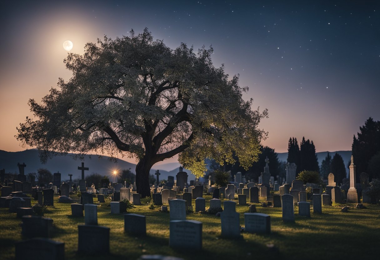 Uma árvore solitária se ergue em um cemitério tranquilo, cercada por flores murchas e velas tremulantes. A lua lança um brilho suave sobre as lápides, capturando a atmosfera sombria de luto e lembrança.