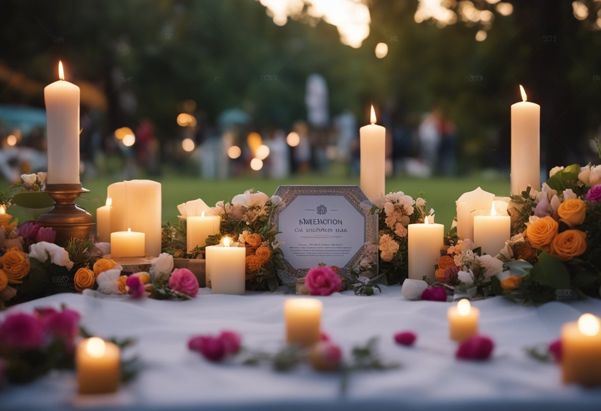 Uma cena serena e solene de um memorial iluminado por velas, com flores e lembranças, simbolizando o processo de superação de perdas significativas no Dia de Finados.