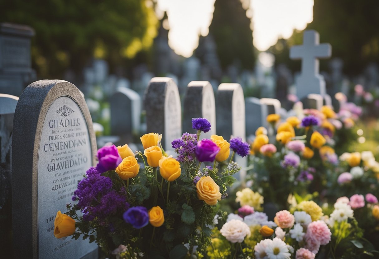 Um cemitério sereno com flores coloridas e velas tremulando adornando lápides no Dia de Finados, simbolizando o processo de superar perdas significativas.