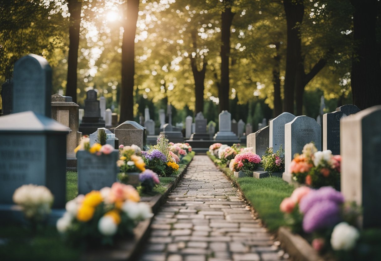 Um cemitério pacífico com flores coloridas e velas adornando os túmulos, cercado por árvores e uma atmosfera serena