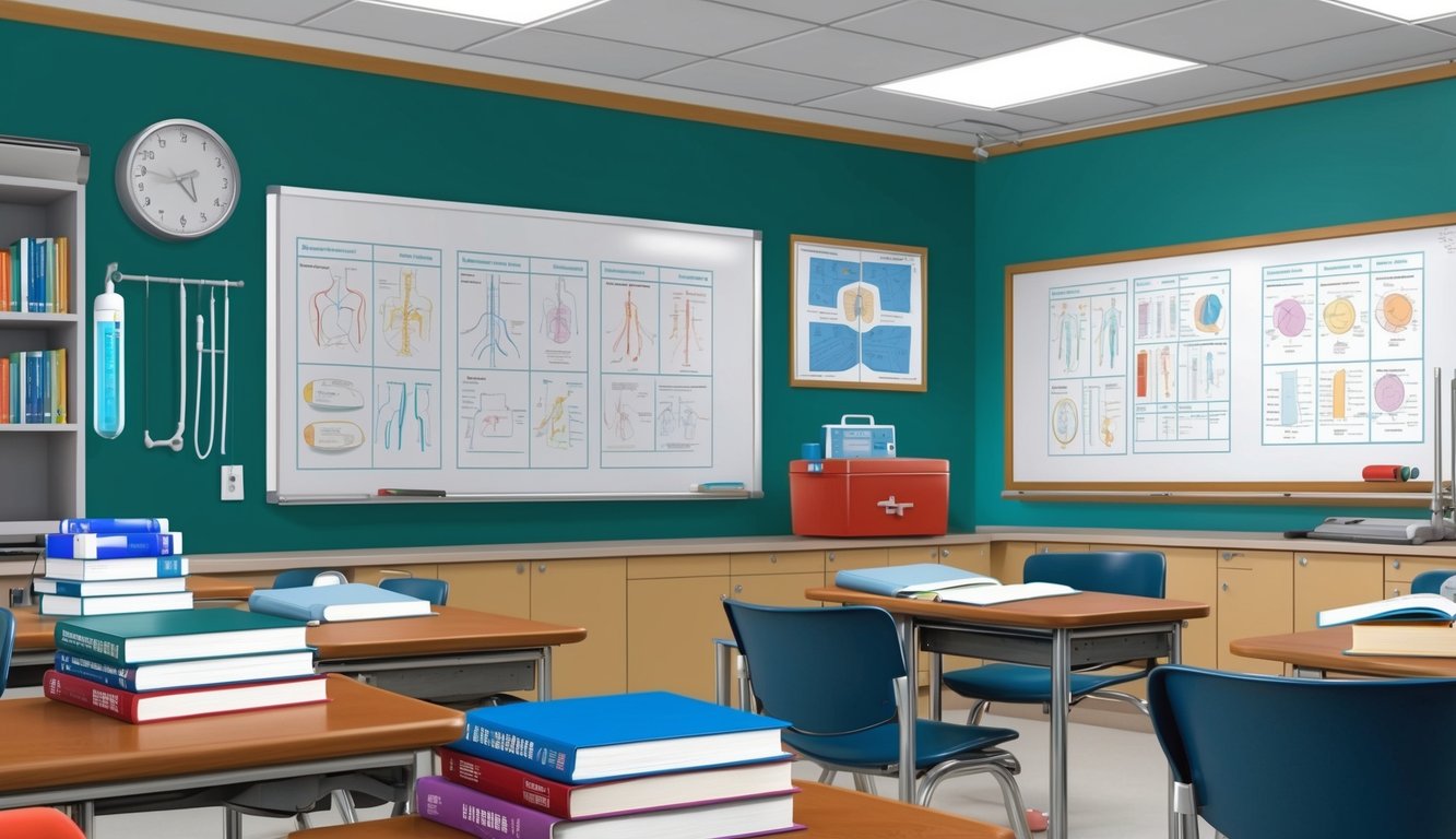 A classroom with medical equipment, textbooks, and a whiteboard filled with diagrams