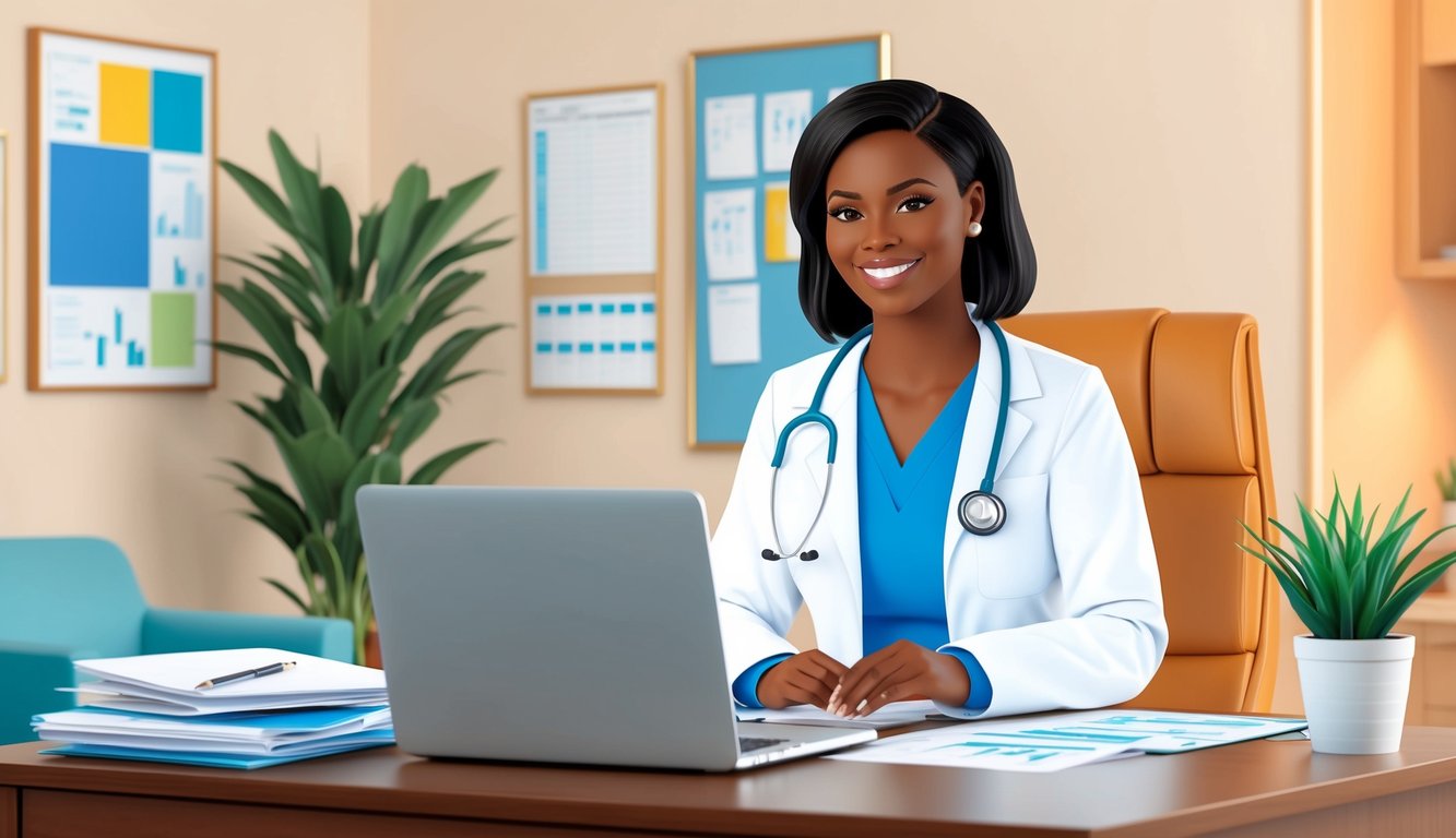 A nurse practitioner in a white coat, stethoscope around neck, sits at a desk with a laptop and medical charts.</p><p>A warm, inviting office with a potted plant and comfortable seating