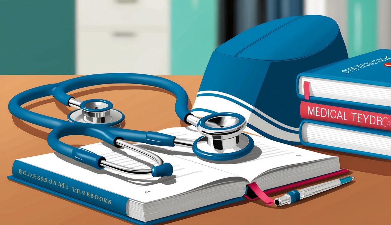 A stethoscope, nursing cap, and medical textbooks on a desk