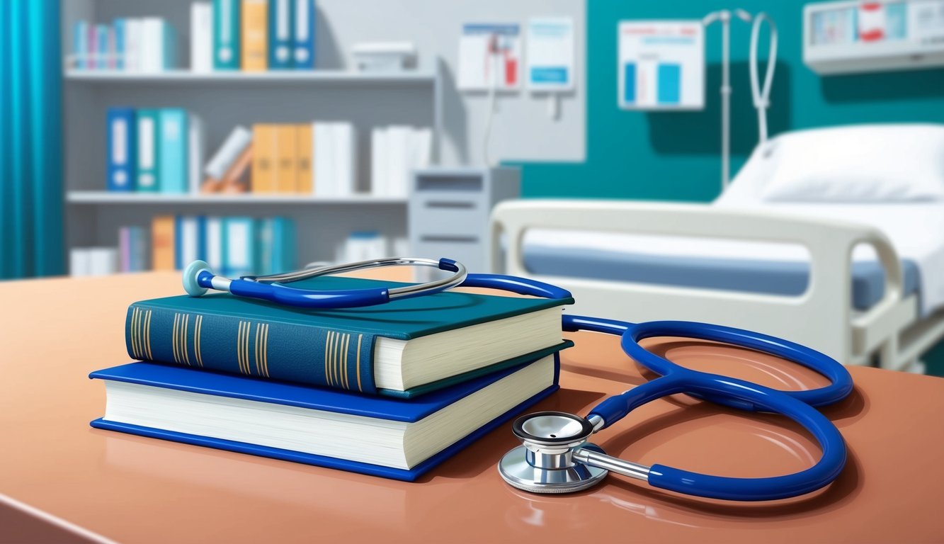 A stethoscope, medical textbooks, and a hospital bed in a clinical setting