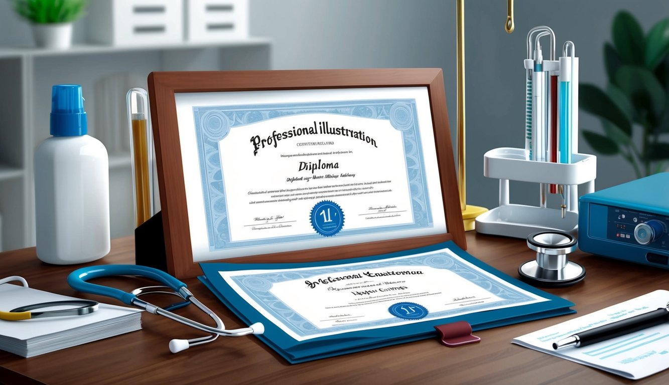 A diploma and a certificate are displayed on a desk, surrounded by medical equipment and a stethoscope