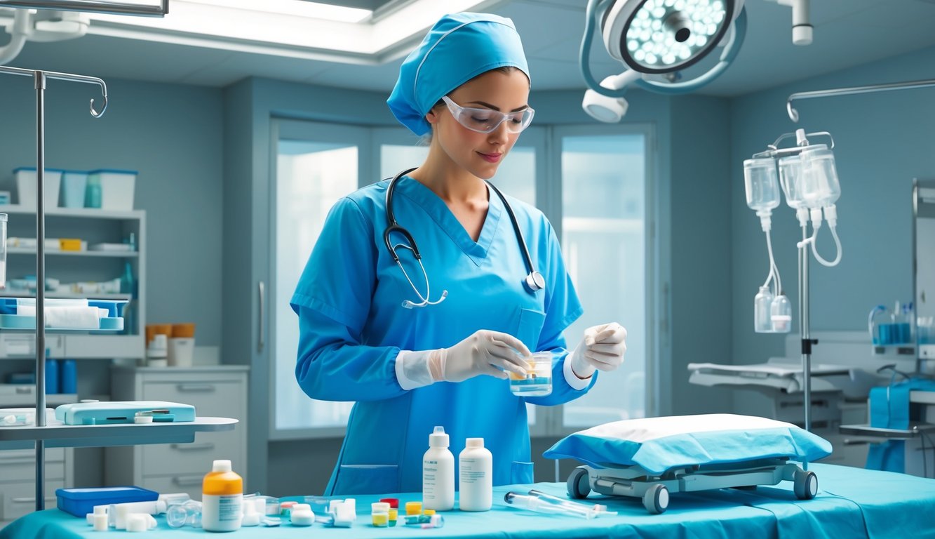 A nurse anesthetist preparing medication and equipment in a sterile operating room