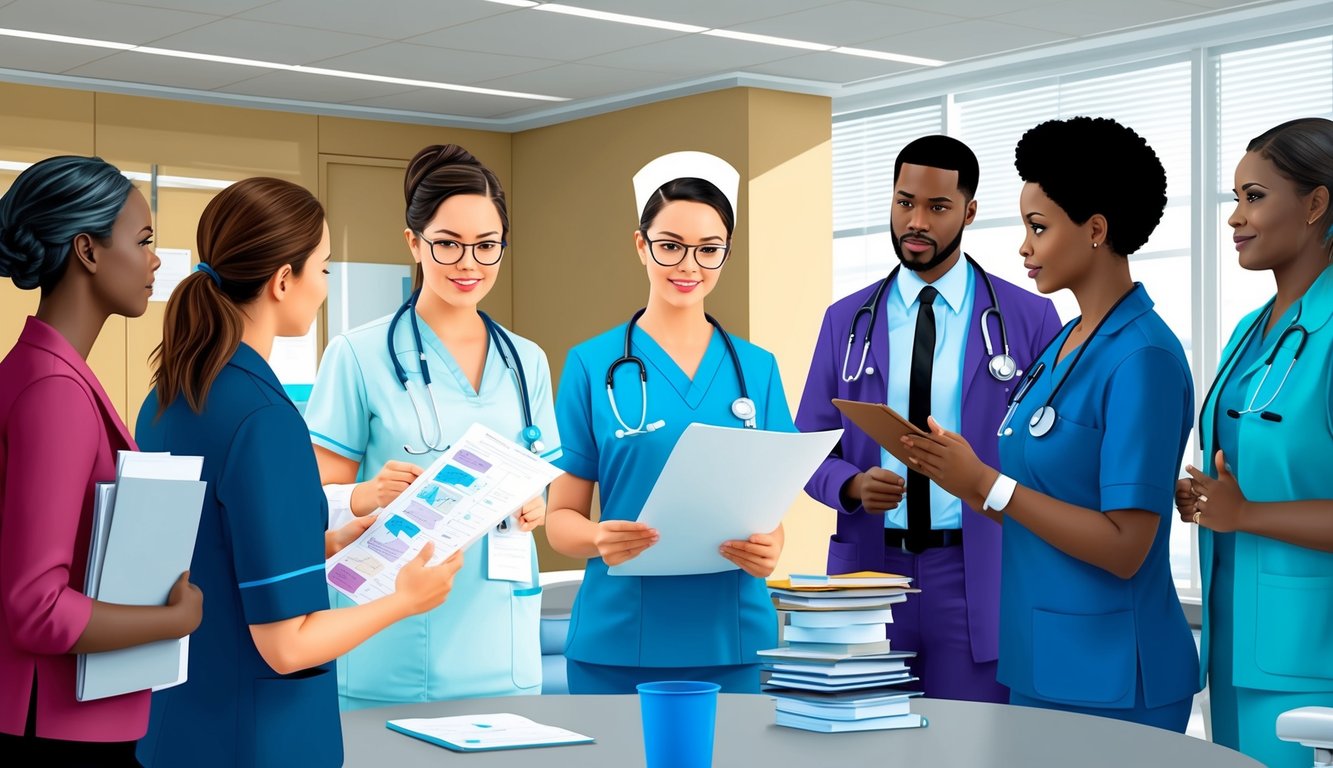 A nurse practitioner reviewing patient charts and discussing treatment plans with a team of healthcare professionals in a hospital conference room