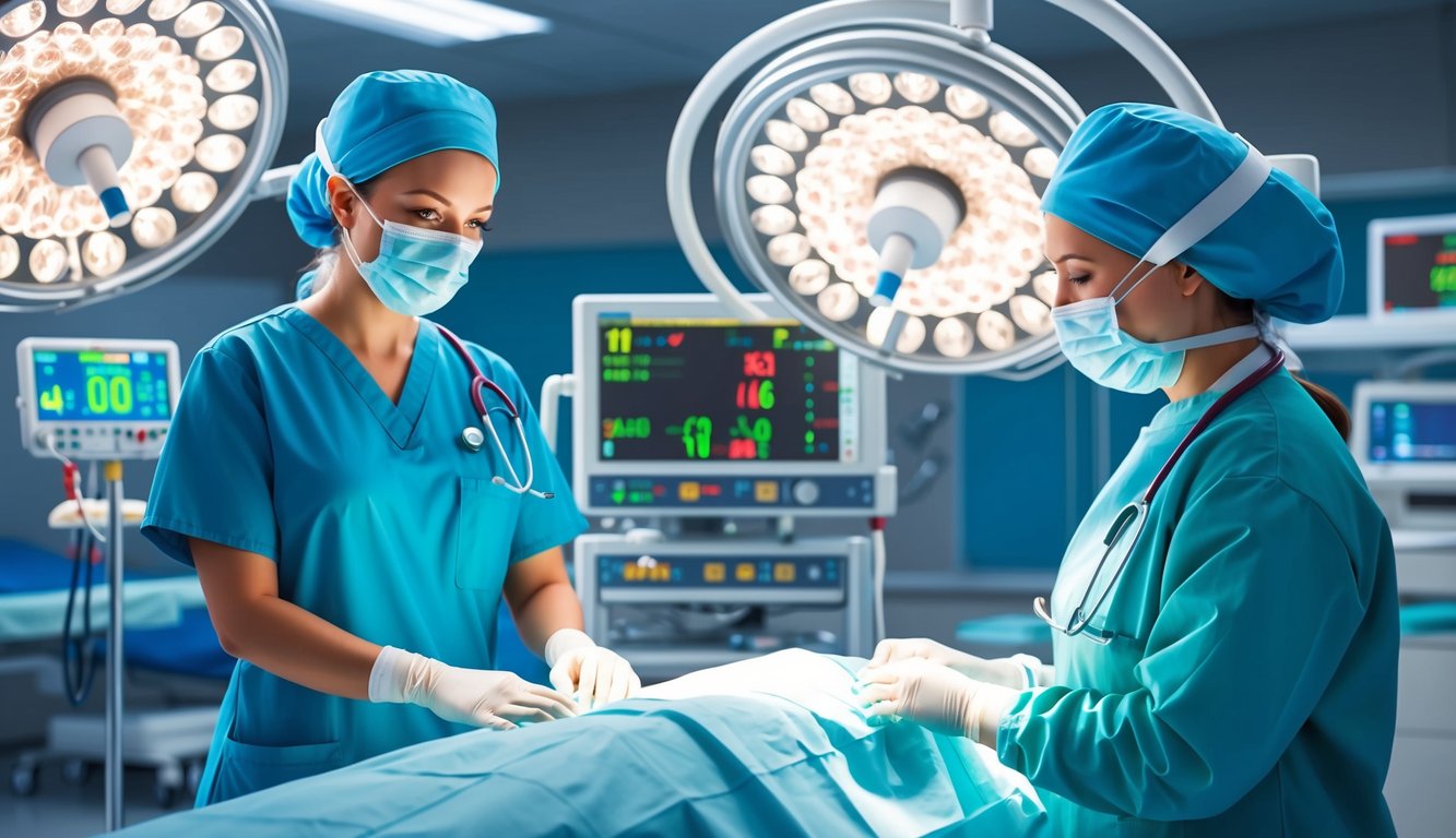 A nurse anesthetist monitoring vital signs and adjusting anesthesia levels during a surgical procedure in a hospital operating room