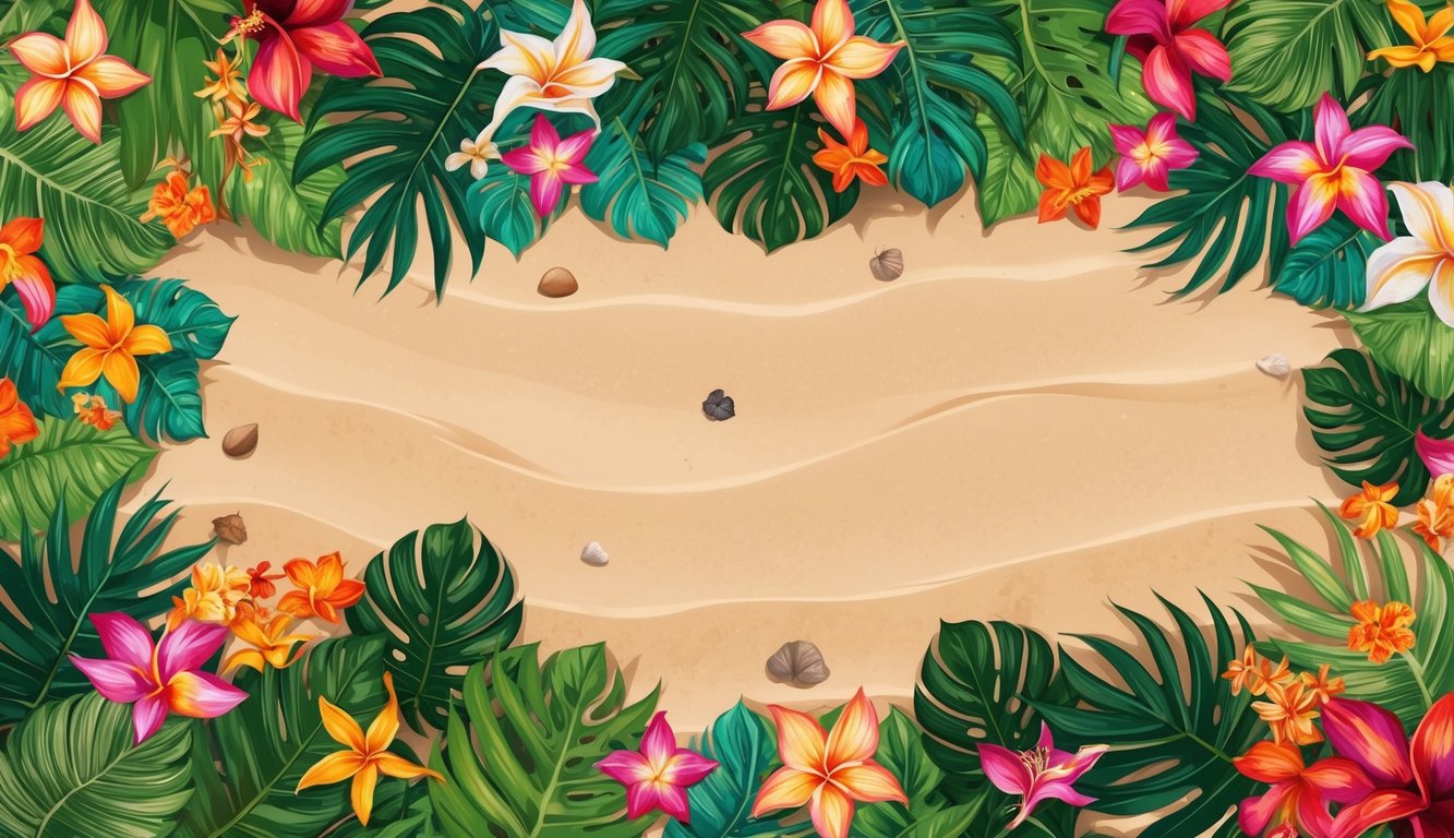 A colorful array of tropical flowers and leaves scattered across a sandy beach