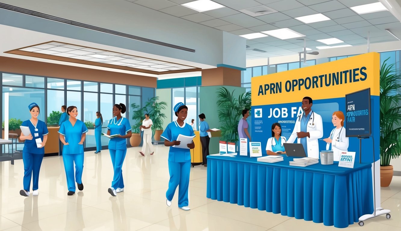 A bustling hospital lobby with nurses and patients, a job fair booth, and a sign displaying "APRN Opportunities" in bold letters