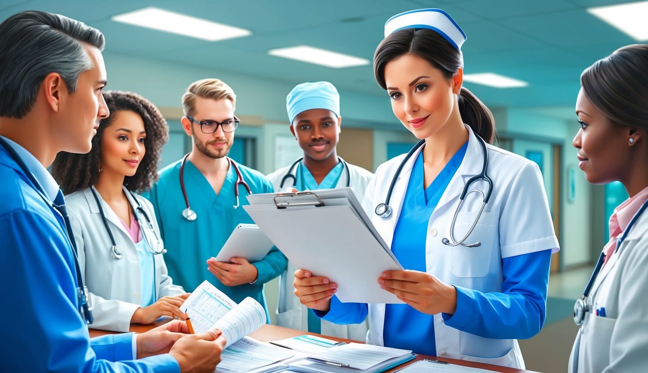 An acute care nurse practitioner examining medical charts and consulting with a team of healthcare professionals in a hospital setting